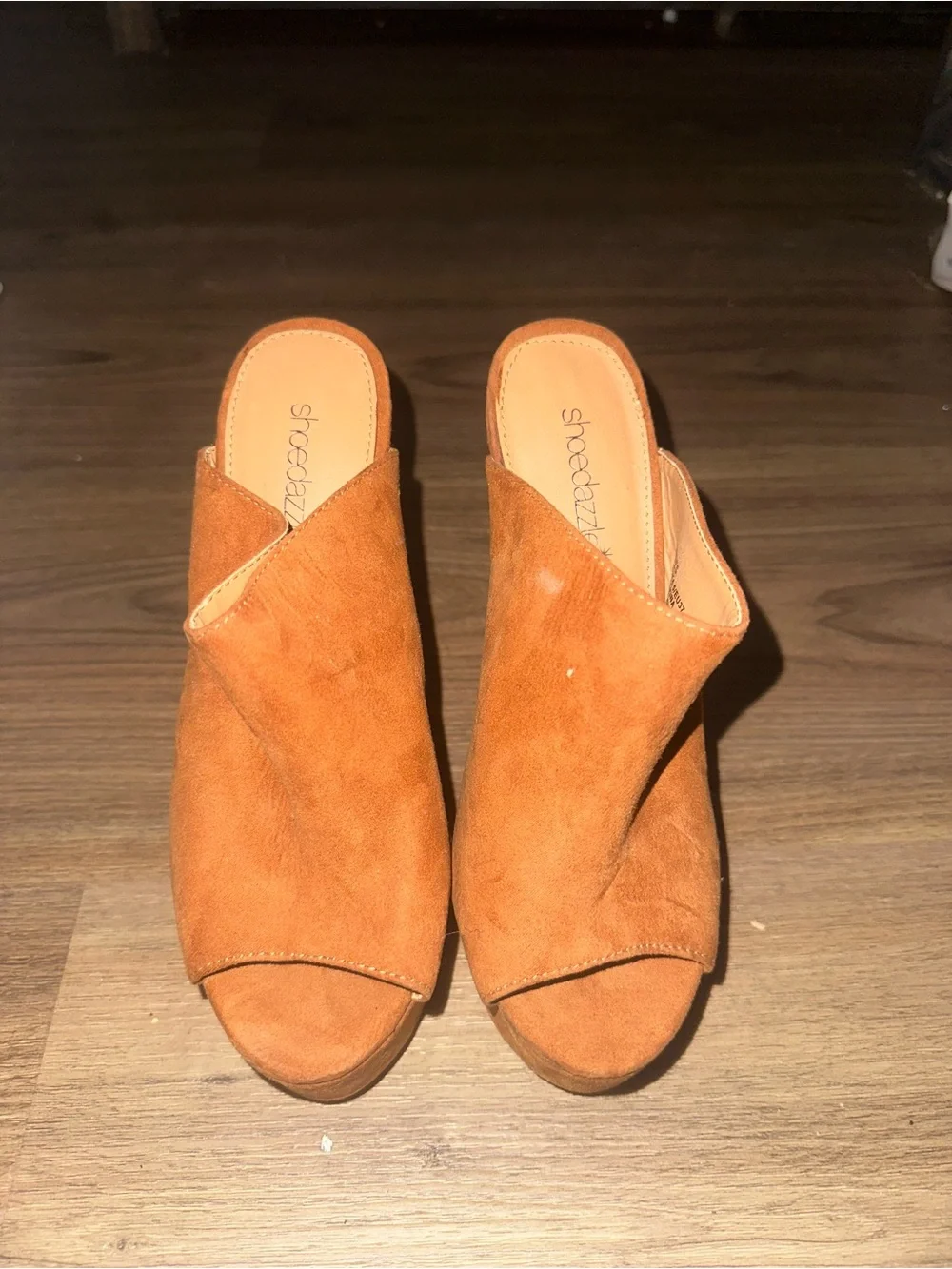 Shoe Dazzle Tan Suede Platform Wedge Mules